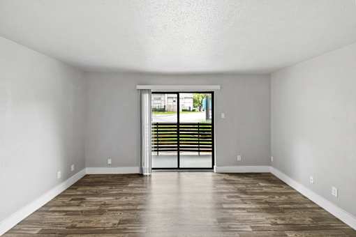 A room with a wooden floor and a sliding glass door.
