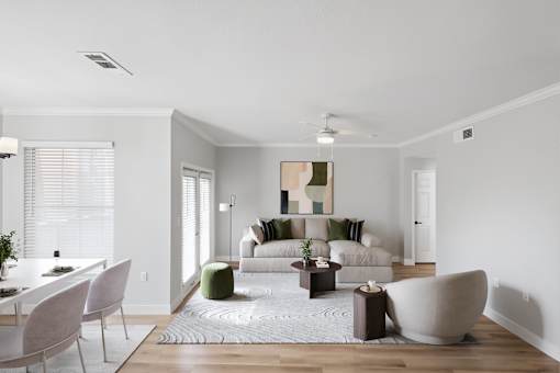 A modern living room with a grey sofa and a white rug.