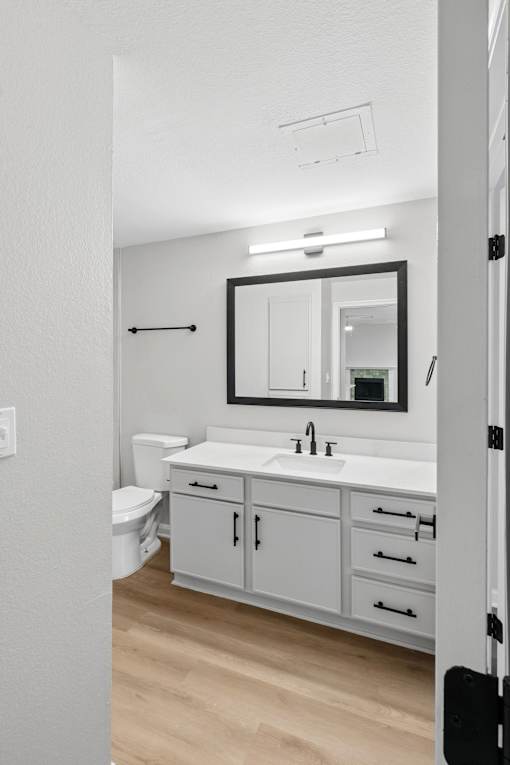 A white bathroom with a toilet, sink, and mirror.