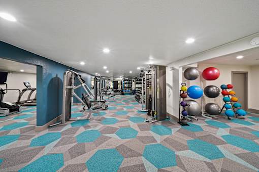 A gym with a variety of equipment and exercise balls.