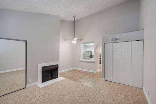 A room with a fireplace and a sliding door.