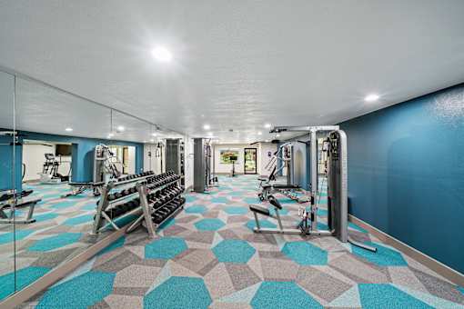 A gym with a blue and grey tiled floor.