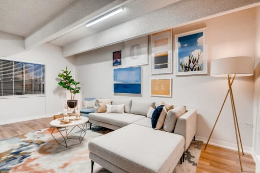 a living room with a couch and a table