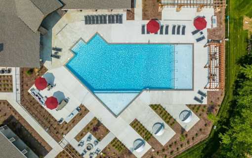 An aerial view of a swimming pool surrounded by a garden.