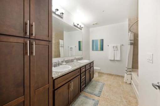 a bathroom with two sinks and a mirror and a shower