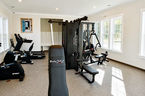 A home gym with a variety of equipment including a treadmill, rowing machine, and weight machines.