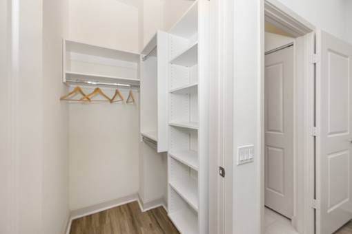 A white closet with a door and shelves.