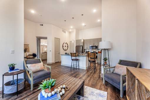 A living room with a grey couch and a wooden coffee table.