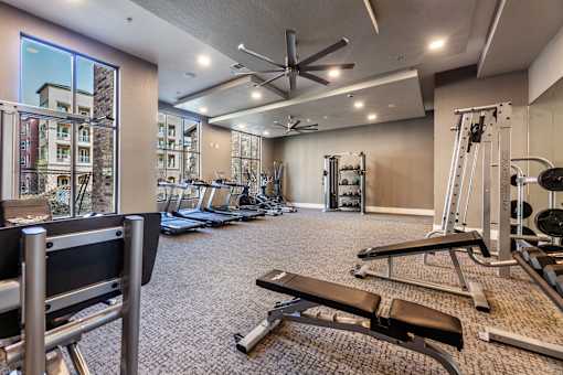 A spacious gym with a variety of equipment including treadmills, weights, and a bench press.