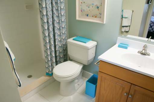 A white toilet sits next to a sink in a bathroom.