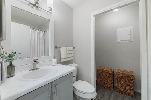 A bathroom with a white sink, toilet, and mirror.
