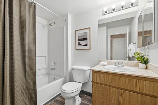 A bathroom with a toilet, sink, and mirror.