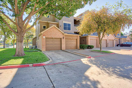 A tree in front of a house with a garage door.