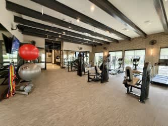 A gym with a variety of equipment including treadmills, weights, and exercise balls.