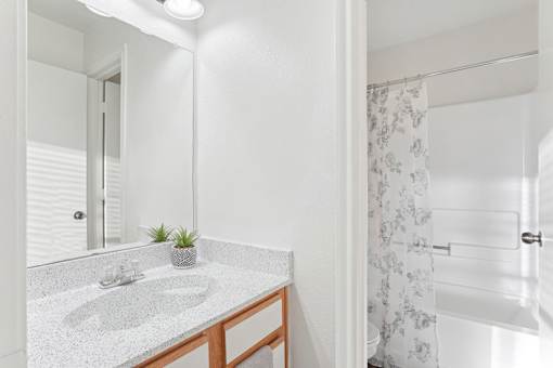 A bathroom with a sink, mirror, and shower.