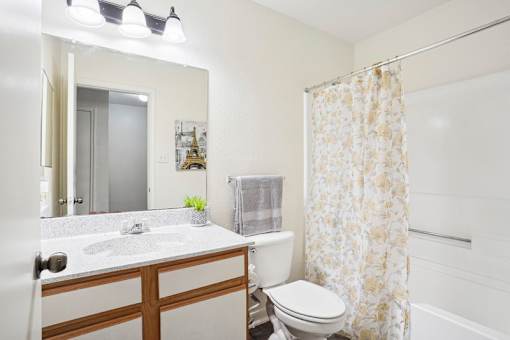A bathroom with a white sink, toilet, and shower curtain.