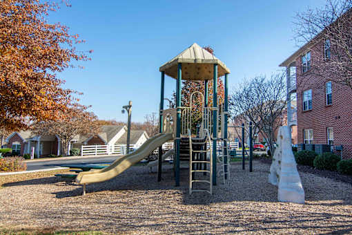 A playground with a slide, swings, and a wooden structure.