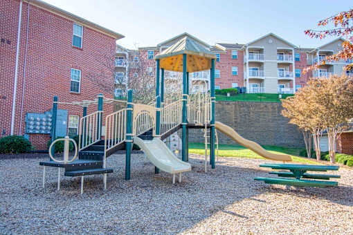 A playground with a slide, a bench, and a tree.