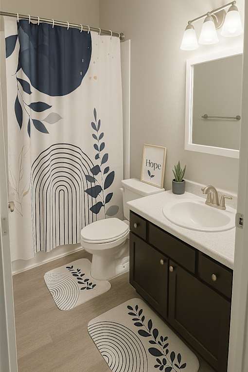 A bathroom with a toilet, sink, and shower curtain.