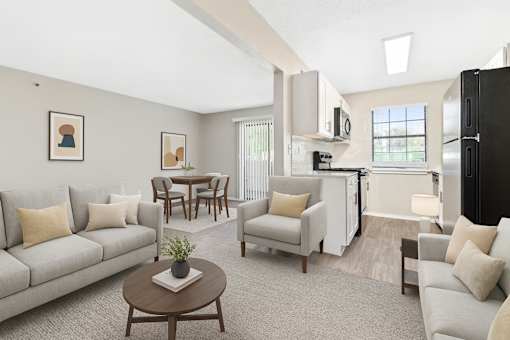 A living room with a grey couch, a coffee table, and a dining table.