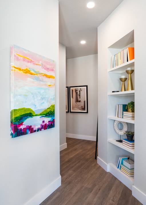 walk way with bookshelf storage