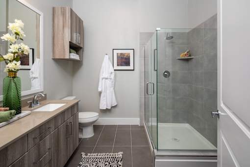 restroom entrance with beautiful shower scene