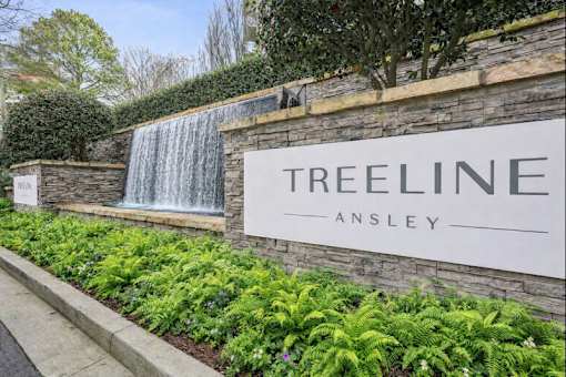 A wall with a waterfall and a sign that says Treeline Ansley.