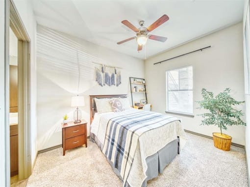 a bedroom with a bed and a ceiling fan