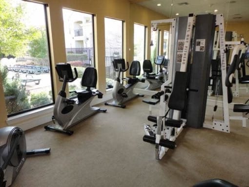 a gym with a bunch of exercise equipment and windows