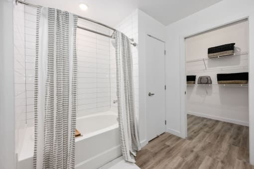 a bathroom with a shower and a tub and a closet