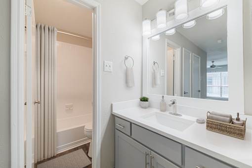 A bathroom with a white sink and a mirror above it.