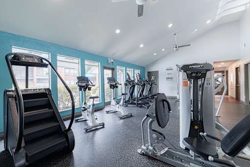 A gym with treadmills, exercise bikes, and other equipment.