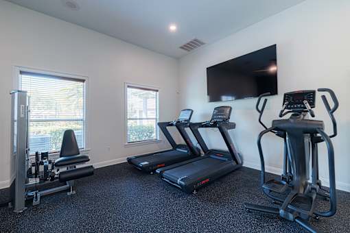 A room with a treadmill, a stationary bike, and a rowing machine.