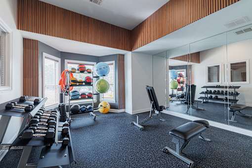 A gym with a variety of equipment including weights and a bench.