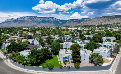 an aerial view of a city with mountains in the background