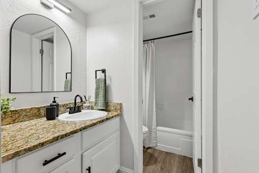 A bathroom with a sink, mirror, and shower.