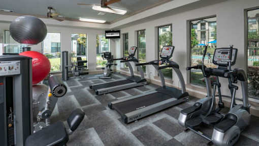 A gym with treadmills, elliptical machines, and a weight machine.
