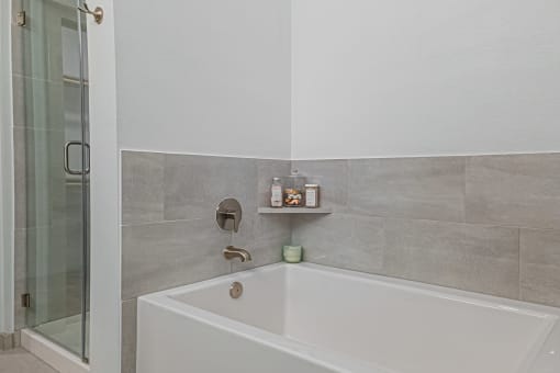 a bathroom with a bathtub and a shower