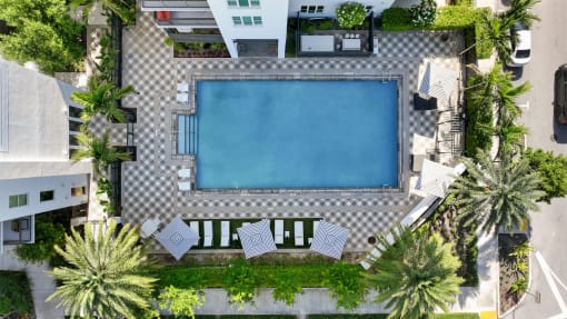 an aerial view of a swimming pool in a hotel with palm trees