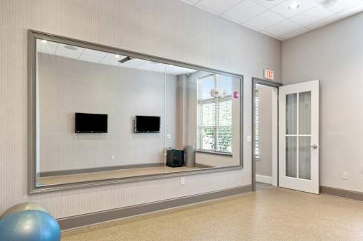 A room with a large mirror, a blue ball, and a window.