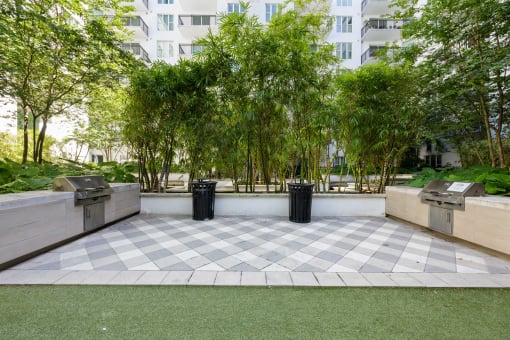 an empty park with trees and a checkered floor