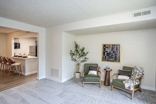 A living room with a grey carpet and a green chair.