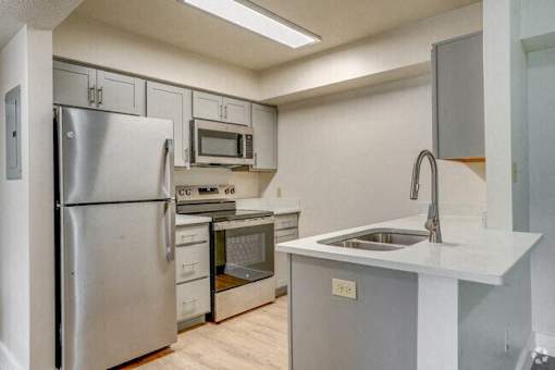 a kitchen with stainless steel appliances and a sink