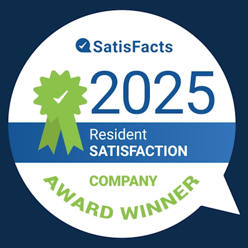 A badge indicating a company has won the Satisfacts 2025 Resident Satisfaction Award.