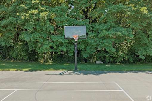 A basketball court with a hoop and a pole.