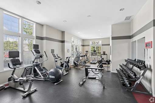 A spacious gym with a variety of equipment including treadmills, stationary bikes, and weight machines.