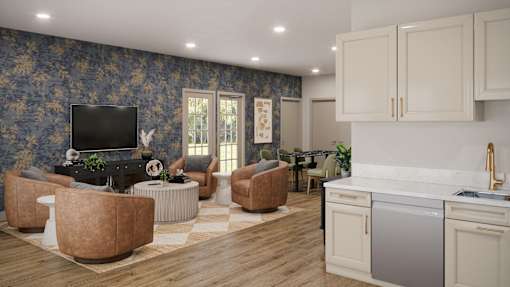 A modern living room with a television, sofas, and a kitchen area.