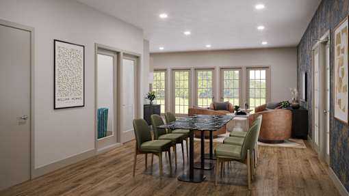 A dining room with a table set for six.