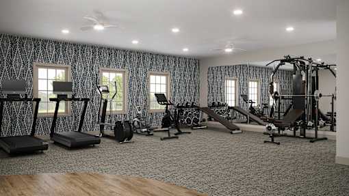 A spacious home gym with a variety of exercise equipment.