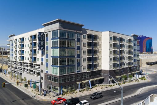 an aerial view of an apartment building on a city street at Aura Vegas Apartments, Nevada, 89103